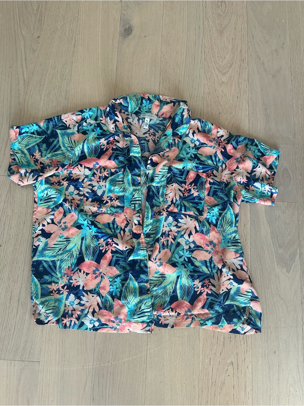 Jessica Simpson Navy Floral Button-Up Shirt with Coral & Teal Accents